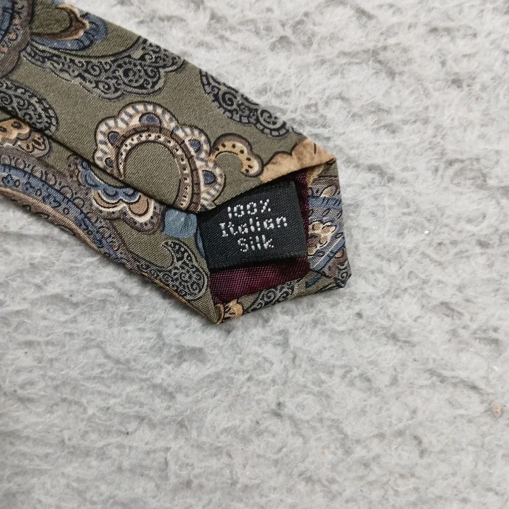 Halston Silk Neck Tie Mens‎ Paisley Floral Olive Blue Classic Luxury